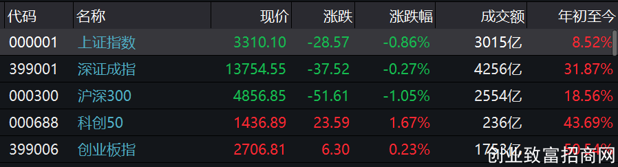 沪指跌0.86%录得四连阴 创业板指涨0.23%